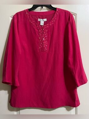 NWT Silk Assets Women’s Silk Linen Magenta Beaded Sequins Embellished Blouse L